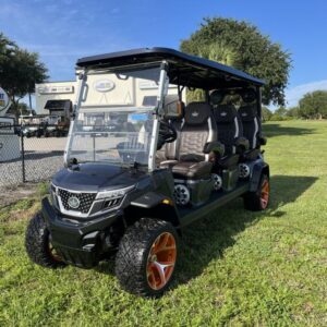 Front view of 2025 Evolution D-Max XT6 black electric golf cart available in Pennsylvania with nationwide delivery and export options
