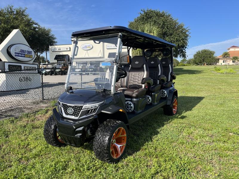 Front view of 2025 Evolution D-Max XT6 black electric golf cart available in Pennsylvania with nationwide delivery and export options