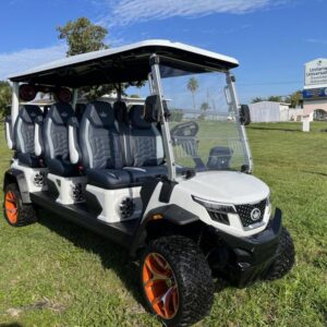 Front view of 2025 Evolution D-Max XT6 white electric golf cart available in Michigan with nationwide delivery and export options