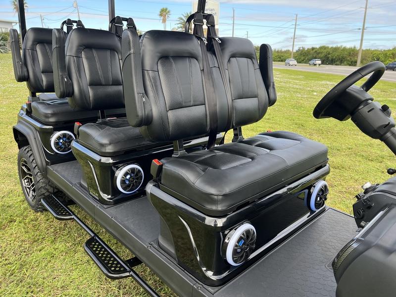 Six-passenger seating of 2025 Evolution D5-Maverick 6 Plus black golf cart available in California