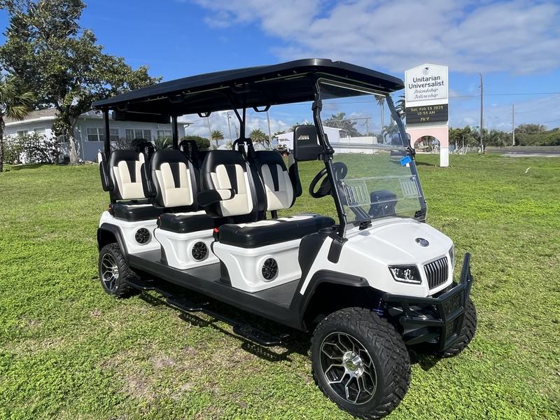 Six-passenger seating of 2025 Evolution D5-Maverick 6 Plus Texas White golf cart