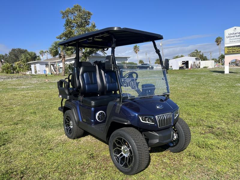 Front view of 2025 Evolution D5-Ranger 2+2 Plus Blue golf cart available in Michigan with export delivery options