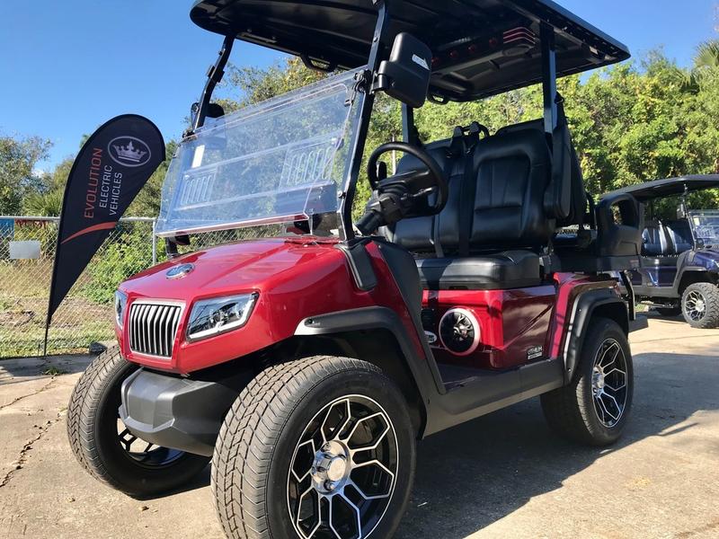 Front view of 2025 Evolution D5-Ranger 2+2 Plus Red golf cart available in North Carolina