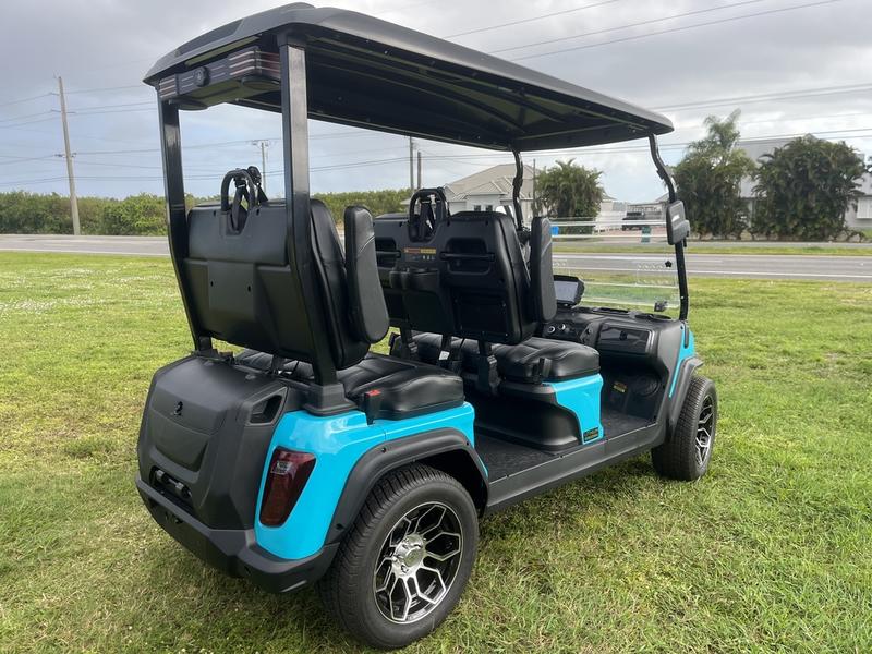 Rear design of 2025 Evolution D5-Ranger 4 Sky Blue golf cart available in California with export delivery