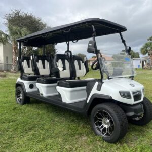 Front view of 2025 Evolution D5-Ranger 6 White six-passenger golf cart available in Michigan with export and nationwide delivery