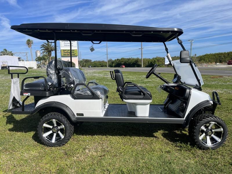 Side profile of 2025 Evolution Forester 6 Plus white golf cart available in Alabama with nationwide delivery and export