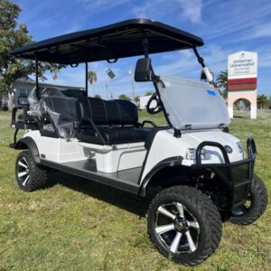 Front view of 2025 Evolution Forester 6 Plus white electric golf cart available in Alabama with nationwide delivery and export options