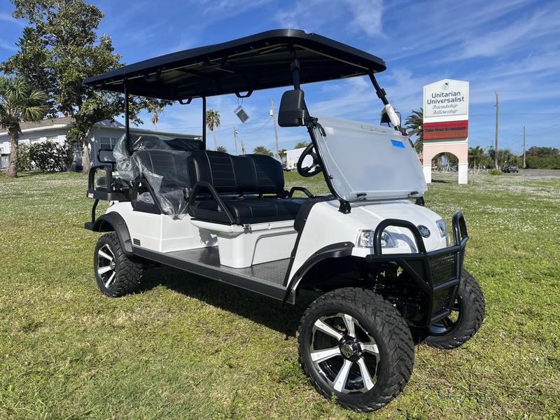 Front view of 2025 Evolution Forester 6 Plus white electric golf cart available in Alabama with nationwide delivery and export options