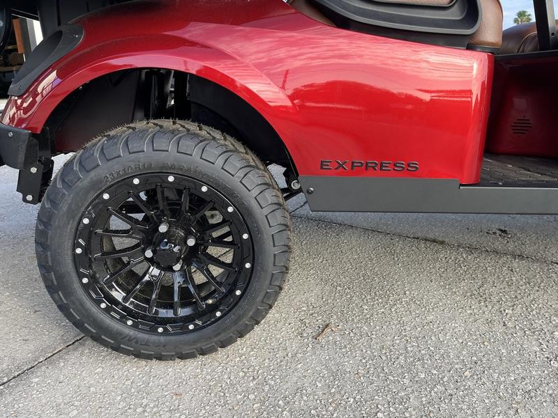 Front view of 2025 E-Z-GO Express 6 ELiTE Lithium Inferno Red in Los Angeles California