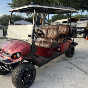 Side view of 2025 E-Z-GO Express 6 ELiTE Lithium Inferno Red in Los Angeles California