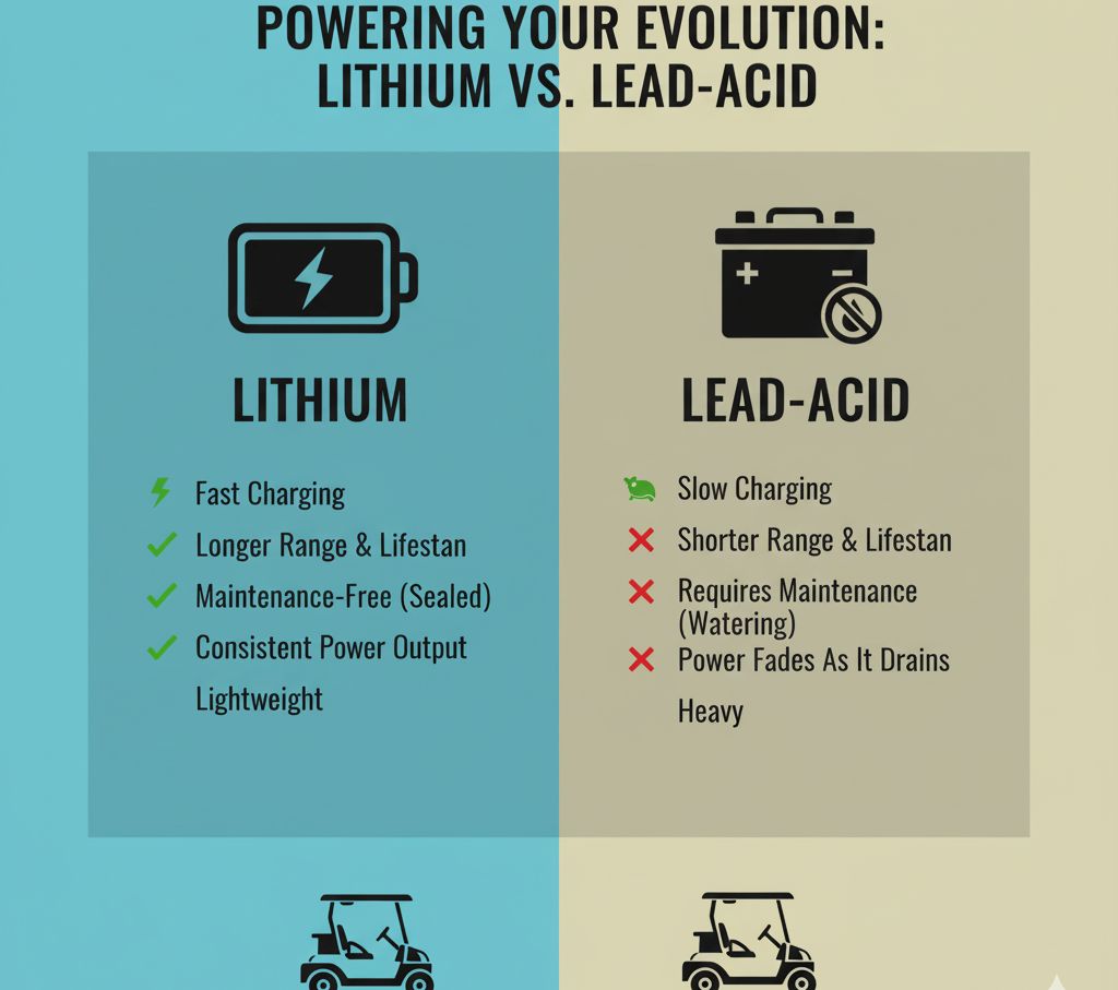 A side-by-side graphic comparing lithium and lead-acid golf cart batteries, highlighting lithium's advantages in charging speed, range, lifespan, and maintenance.