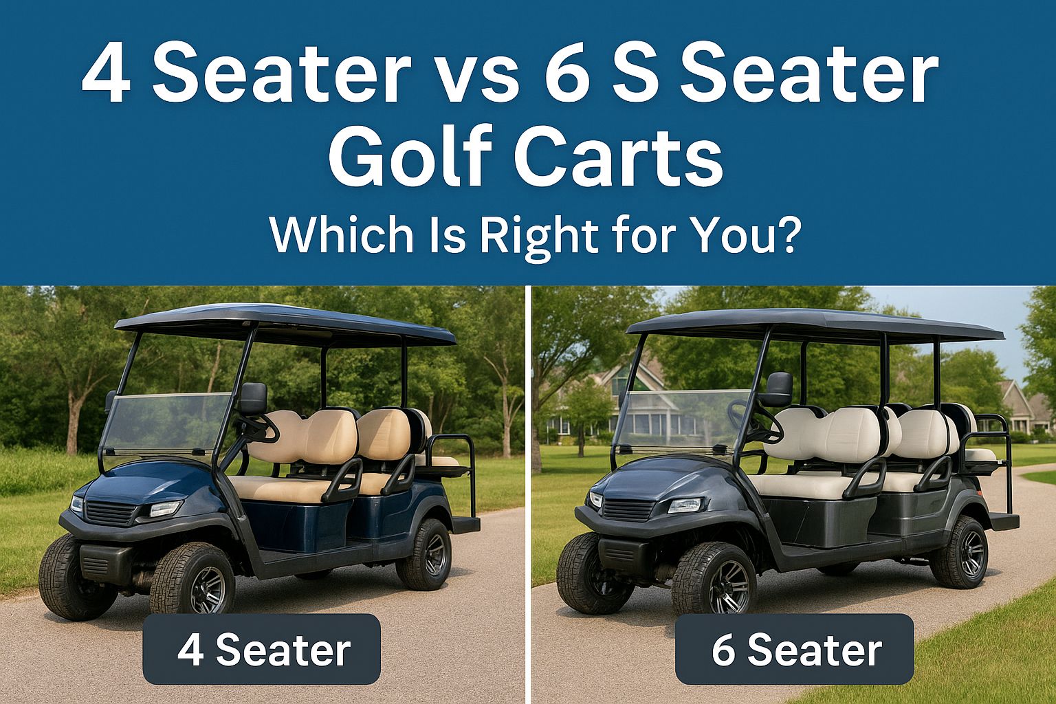 Side-by-side image of a 4 seater golf cart and a 6 seater golf cart with comparison headline in landscape format