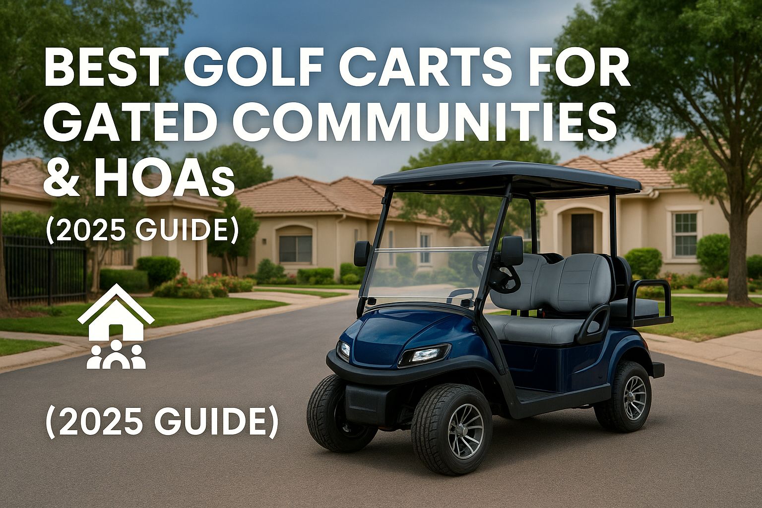 Blue golf cart driving through a gated community neighborhood with 2025 buyer guide text overlay