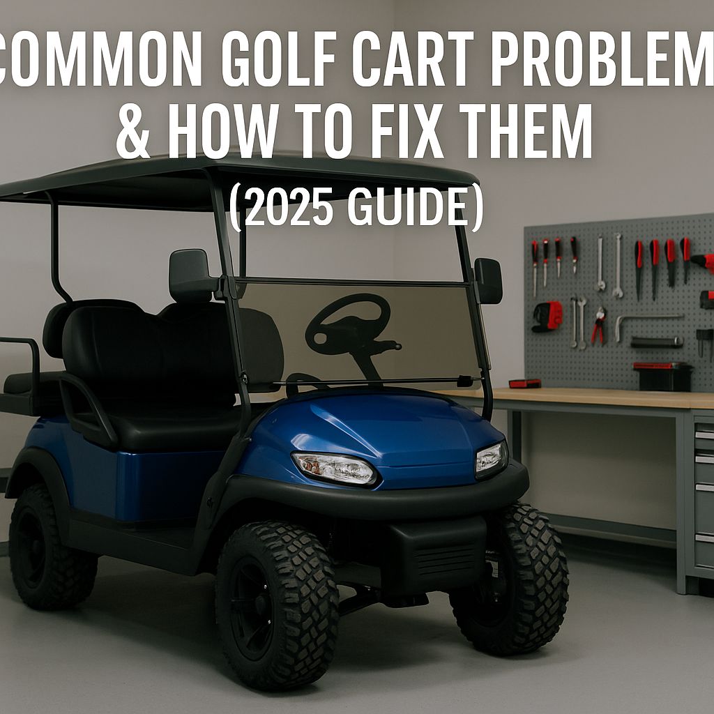 Blue golf cart in a garage workshop with tools on the wall and text reading ‘Common Golf Cart Problems & How to Fix Them (2025 Guide)’ in a landscape hero image