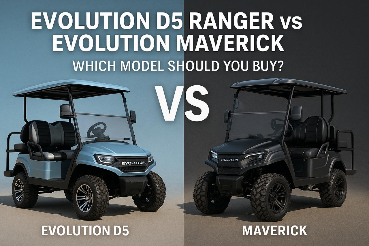 Side-by-side comparison of Evolution D5 Ranger and Evolution Maverick golf carts with 2025 buyer guide headline in landscape format