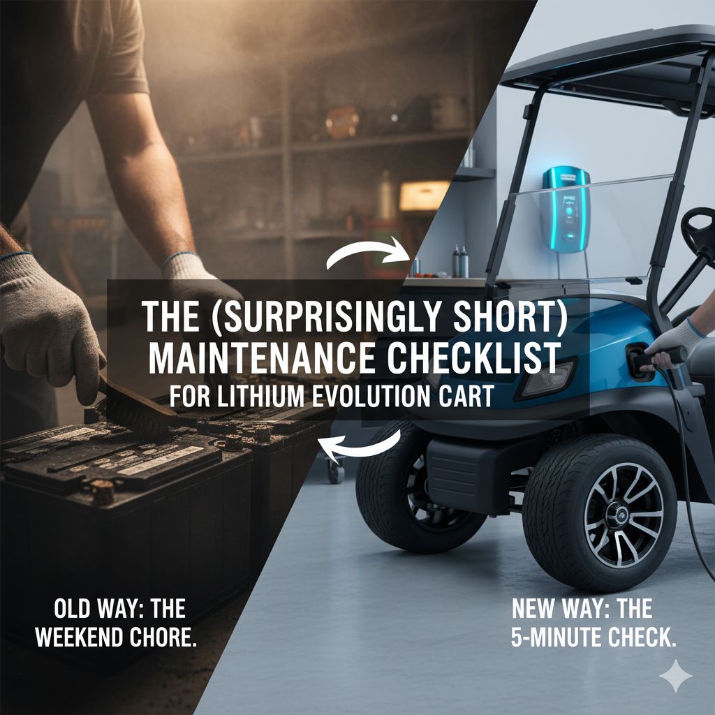 A clean, modern Evolution golf cart parked in a driveway, symbolizing the easy, low-maintenance care of a lithium golf cart.