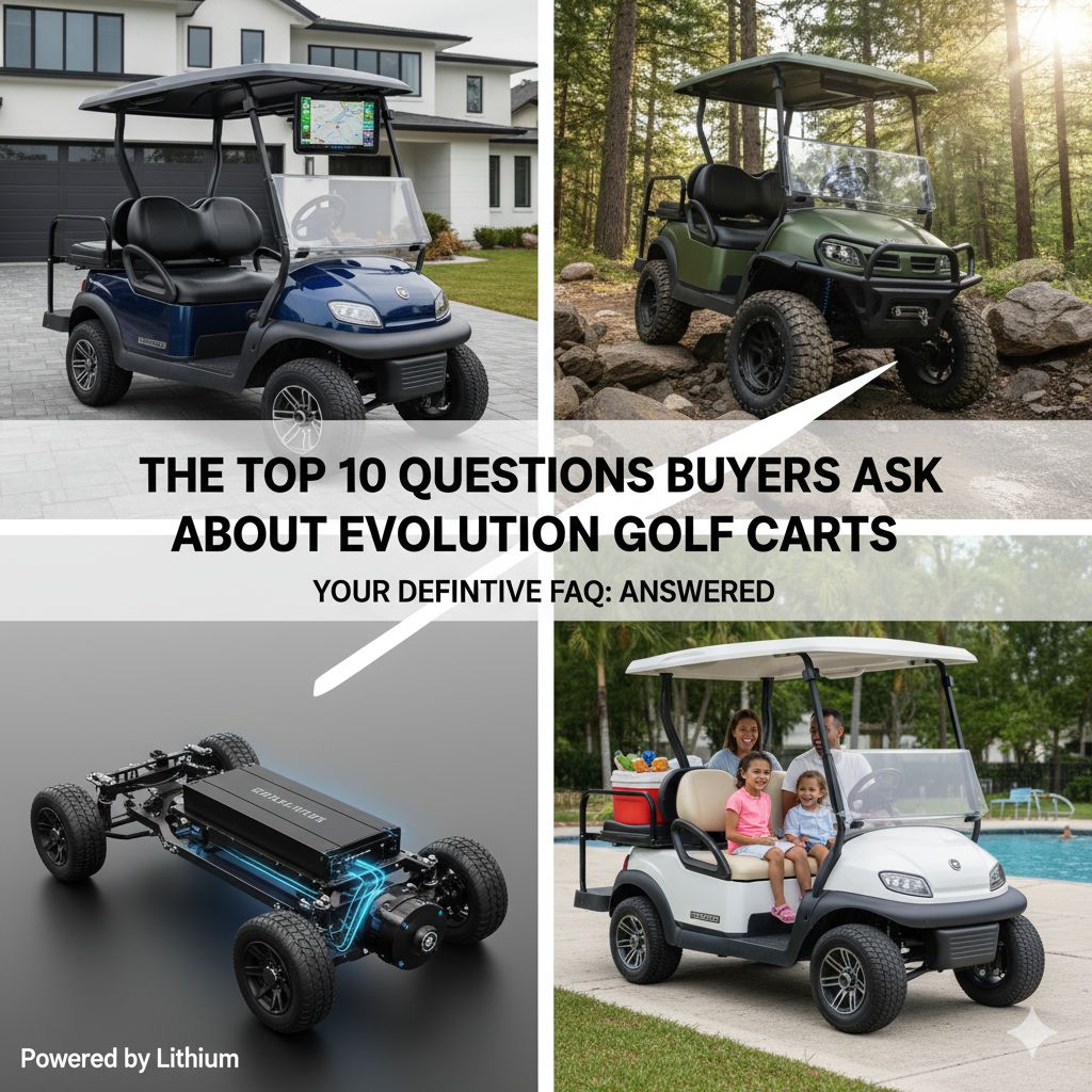 A modern Evolution golf cart in a driveway, with its touchscreen lit up, illustrating a common Evolution golf cart FAQ.