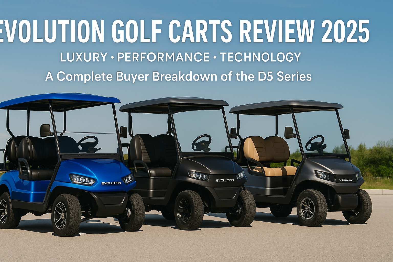 Evolution golf carts review 2025 showing three Evolution D5 models in a premium lineup