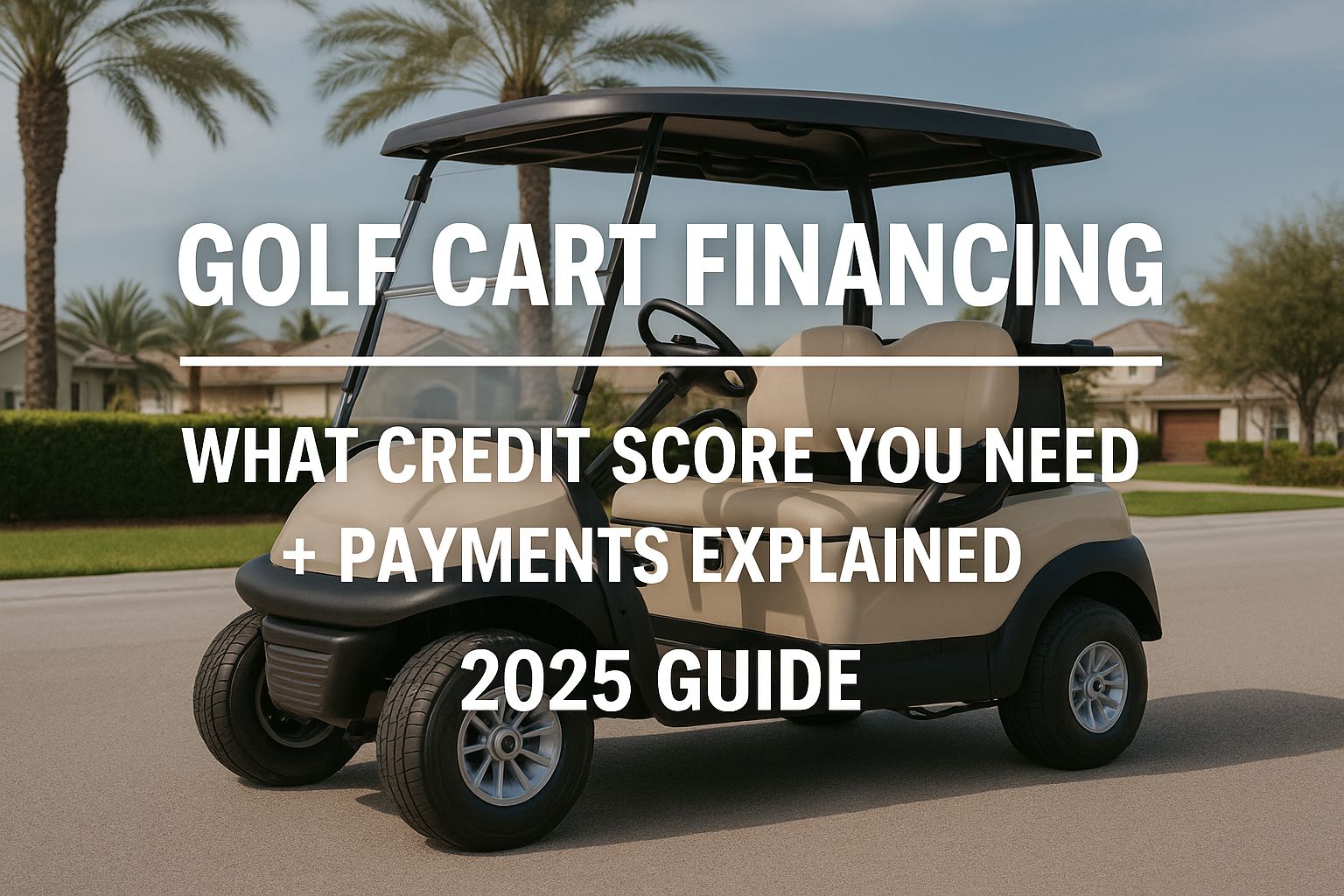 Golf cart parked beside RVs with text overlay showing ‘Golf Cart Financing 2025 – Credit Score & Payments Explained’ in a landscape hero image