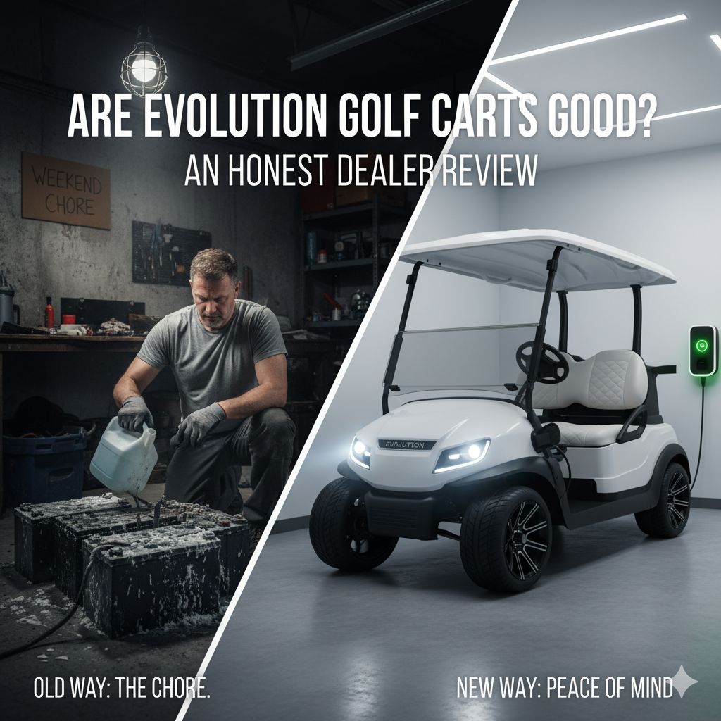 premium Evolution golf cart is parked in a driveway, ready for an honest dealer review of the brand.