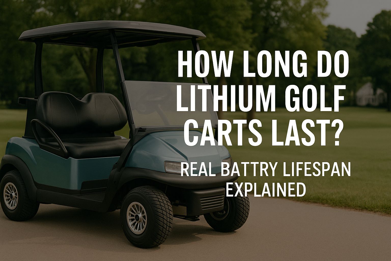 Lithium battery pack inside a golf cart with 2025 battery lifespan guide text in landscape format