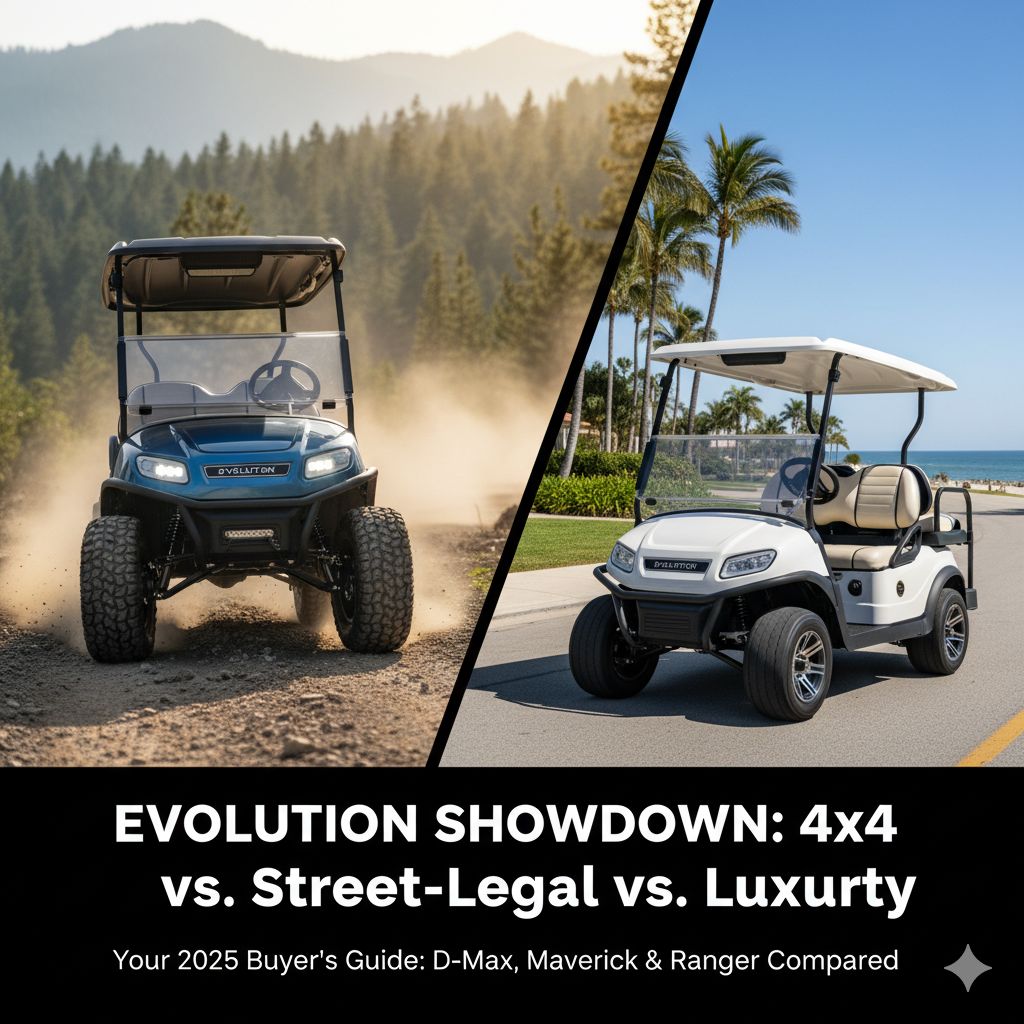 A split-screen image comparing two Evolution golf carts: a rugged, lifted 4x4 model on a dirt trail and a sleek, white street-legal model on a coastal road.