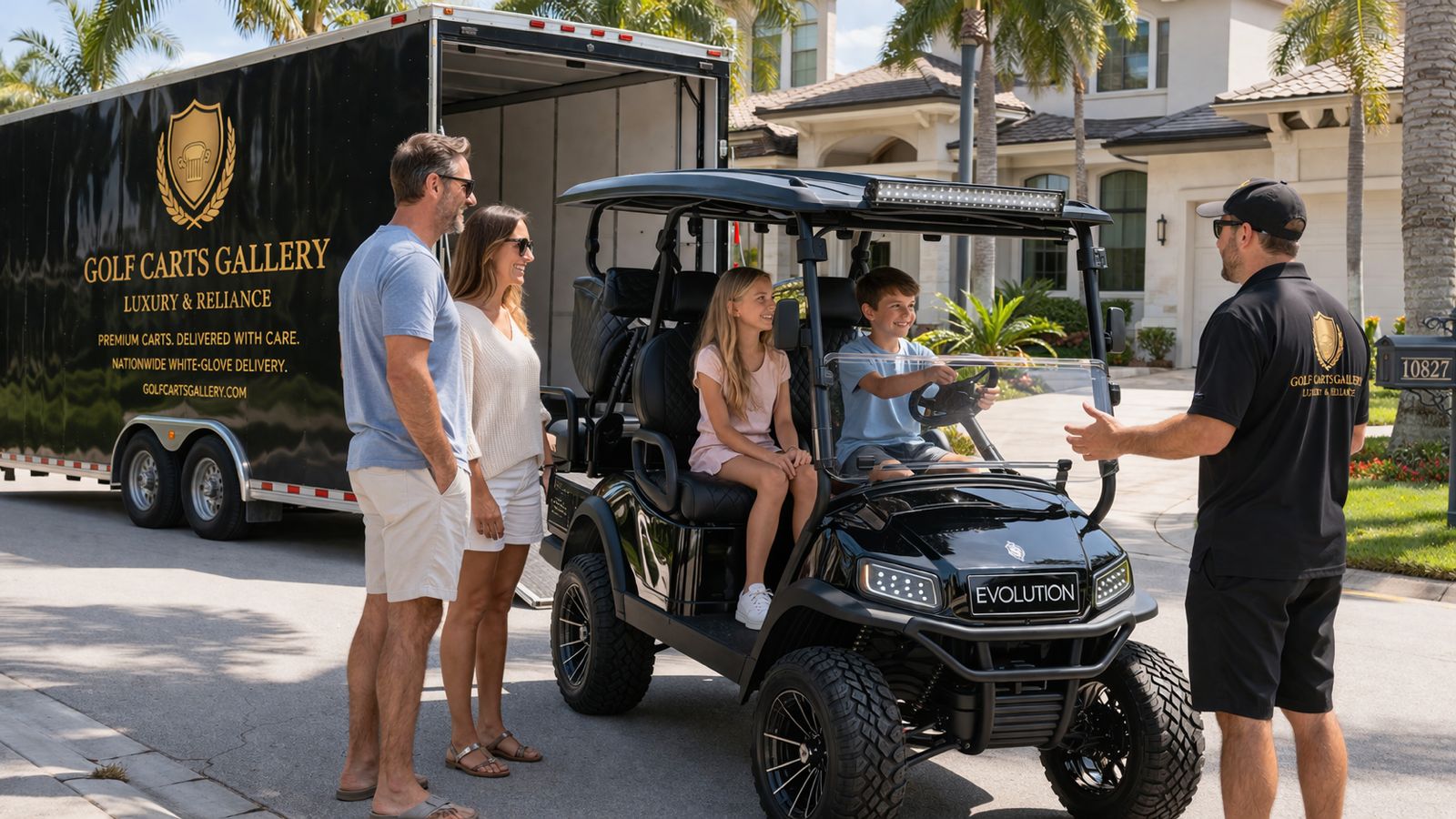 Luxury golf carts for sale parked outside a golf course clubhouse