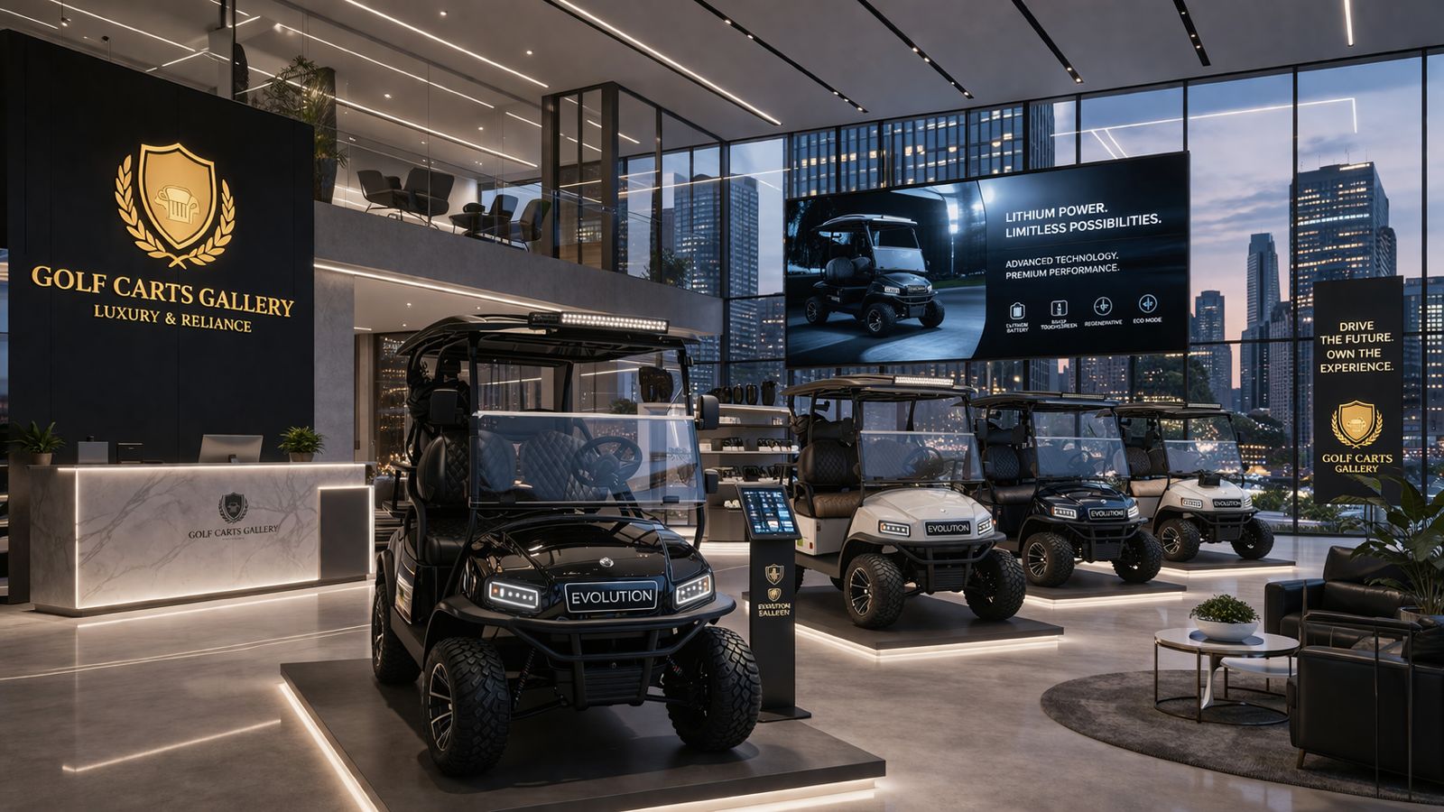 Luxury golf carts for sale displayed in a modern Evolution electric golf cart showroom