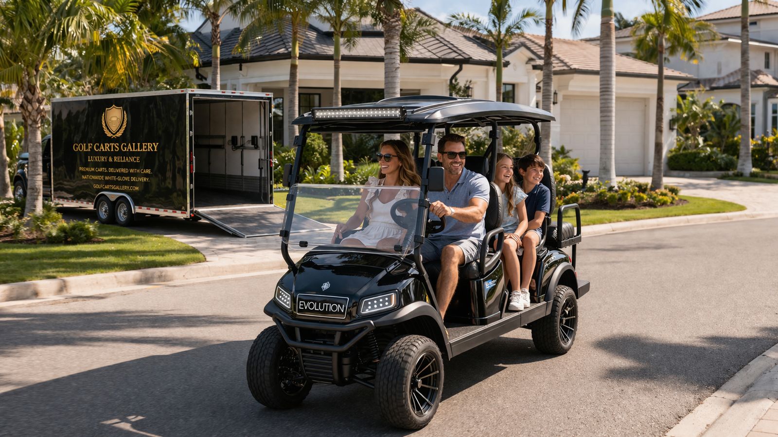 Luxury golf cart gallery showroom displaying premium electric golf carts